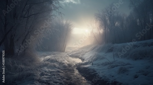 a winter landscape covered in snow with glowing light © SANGHYUN
