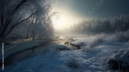 a winter landscape covered in snow with glowing light © SANGHYUN