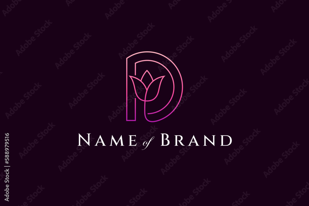 letter D logo with beautiful rose flower in linear design style