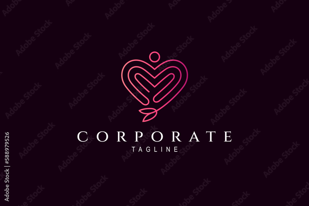 heart or love logo with combination of people and flowers in linear design style