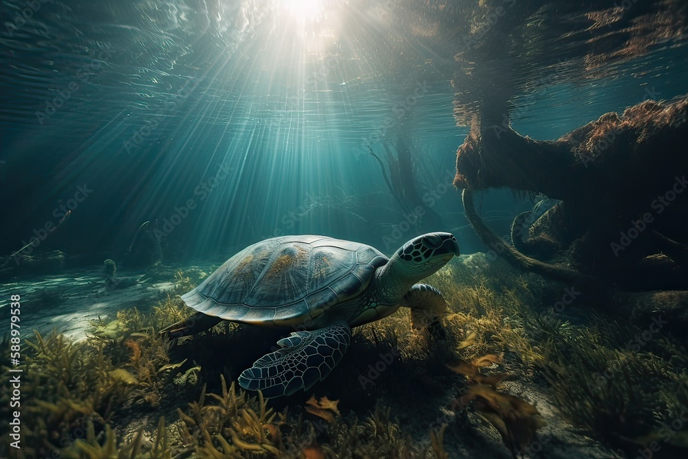 Obraz premium Beautiful Underwater Postcard. Maldivian Sea Turtle Floating Up And Over Coral reef. Loggerhead in wild nature habitat. Generative Ai.