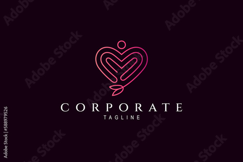 heart or love logo with combination of people and flowers in linear design style
