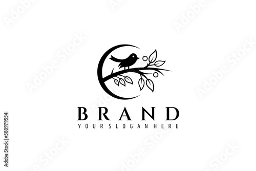 silhouette bird logo perched on tree branch full of leaves with crescent moon frame