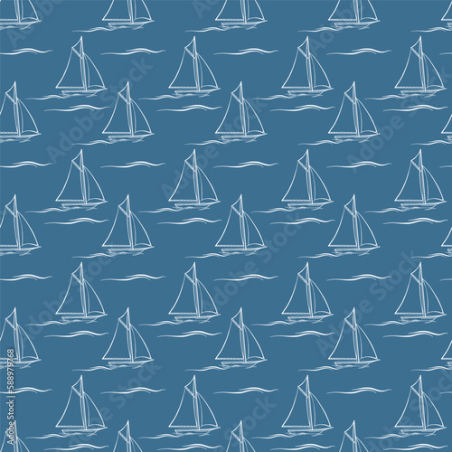 Sailboat and wave. Seamless pattern with cartoon boats. Vector texture.