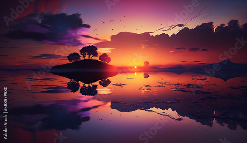 A sunset with a small island in the middle of it. Generative AI © Lalaland
