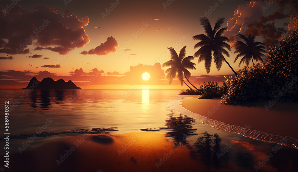 Sunset on the beach with palm trees and a sunset. Generative AI