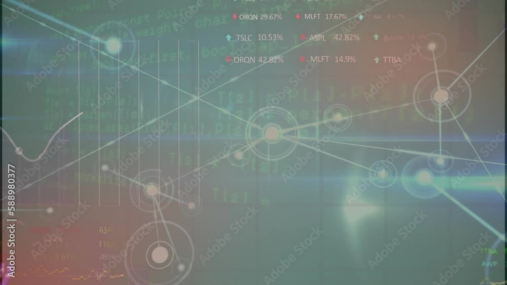 Animation of network of connections and stock market data processing against grey background Animation of network of connections and stock market data processing against grey background