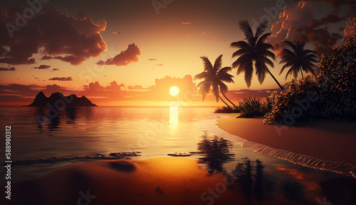 Sunset on the beach with palm trees and a sunset. Generative AI