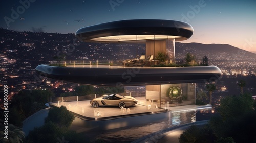 Fly in Style: A Grand Ultra-Luxurious Home with Elegant Rooftop Helipad, Custom Electric Car & Stunning Cityscape Views, Generative AI