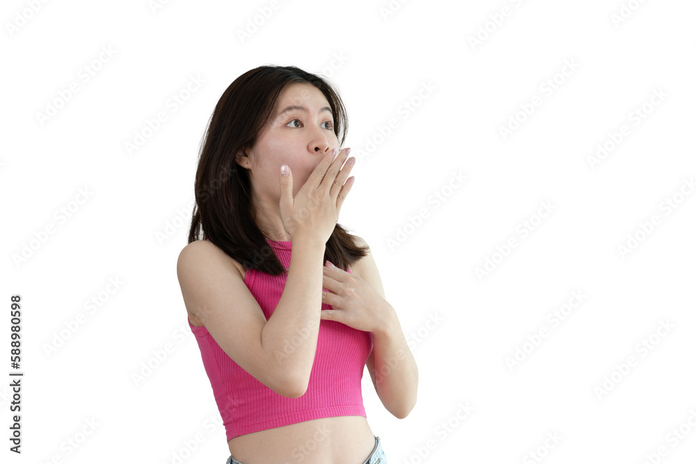 Asian woman acting shocked or surprised isolated on background, Looking camera, Concept acts according to the emotions and feelings of excitement and shock, PNG File, Copy space. Asian woman acting shocked or surprised isolated on background, Looking camera, Concept acts according to the emotions and feelings of excitement and shock, PNG File, Copy space.
