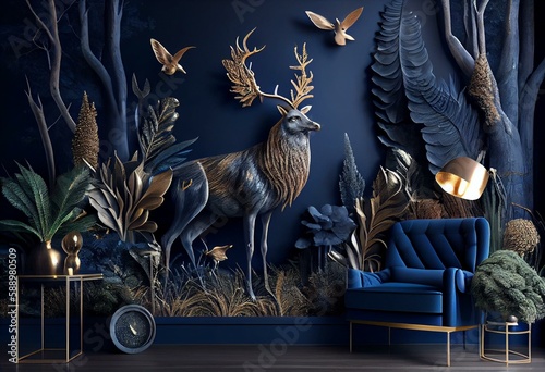 3d modern art mural wallpaper with dark blue Jungle , forest background . golden deer, christmas tree , mountains , clouds with white birds . Suitable for use as a frame on walls . Generative AI