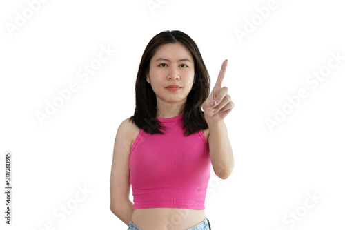 Young woman making hand sign to stop behavior or gesture that suggests unethical and illegal behavior, Reminders to stop exercising help, Woman isolated on png file, Prohibit, Hinder, Hamper.