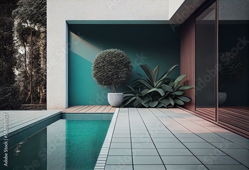 Modern style swimmimg pool terrace with blank wall for copy space 3d render, There are wooden floor,green tile in the swimming pool and ,empty white wall,Surrounded by nature. Generative AI photo