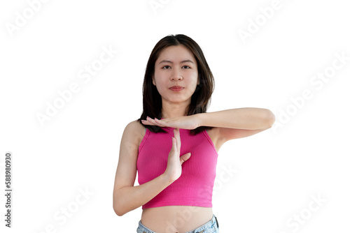 Obraz na płótnie Woman makes a T hand sign indicating a request for a time-out or a temporary break, Made a serious tired face and asked to rest for a moment, Make a t-shaped symbol to show halftime and break time
