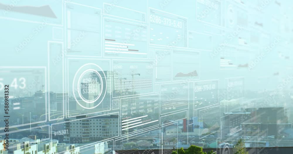 Animation of interfaces with data processing against aerial view of cityscape Animation of interfaces with data processing against aerial view of cityscape