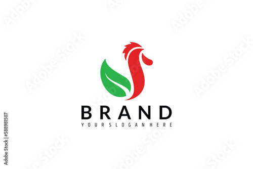 green rooster logo with flat design style in green and red color