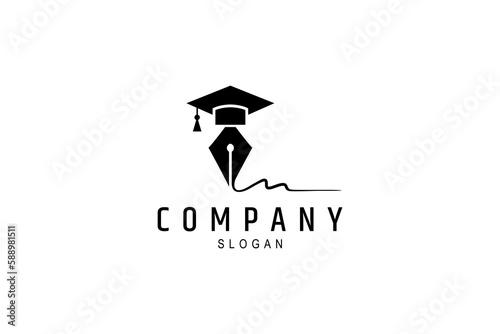classic pen and toga hat logo with writing strokes
