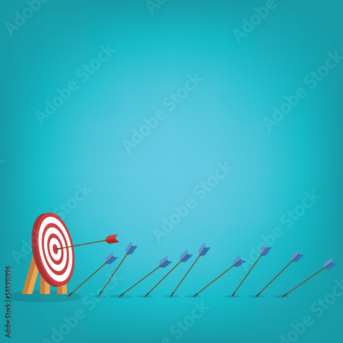 Business challenge failure and success concept. Blue arrows missed hitting target and only red one hits the center. 