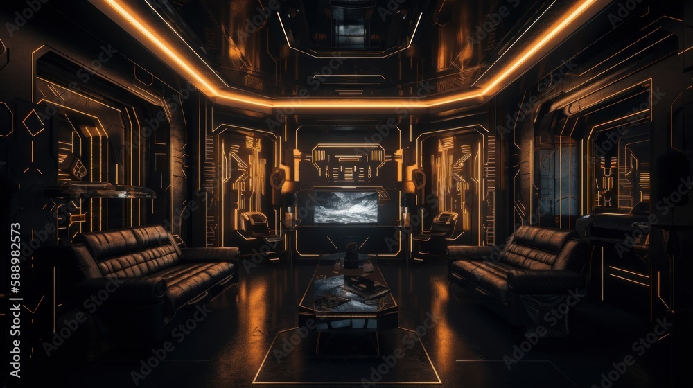 Experience the Award-Winning Rich Gold and Dark Gray Interior with Unique Shiny Walls, Intricate 8K Digital Art, and Neon Lights, Generative AI