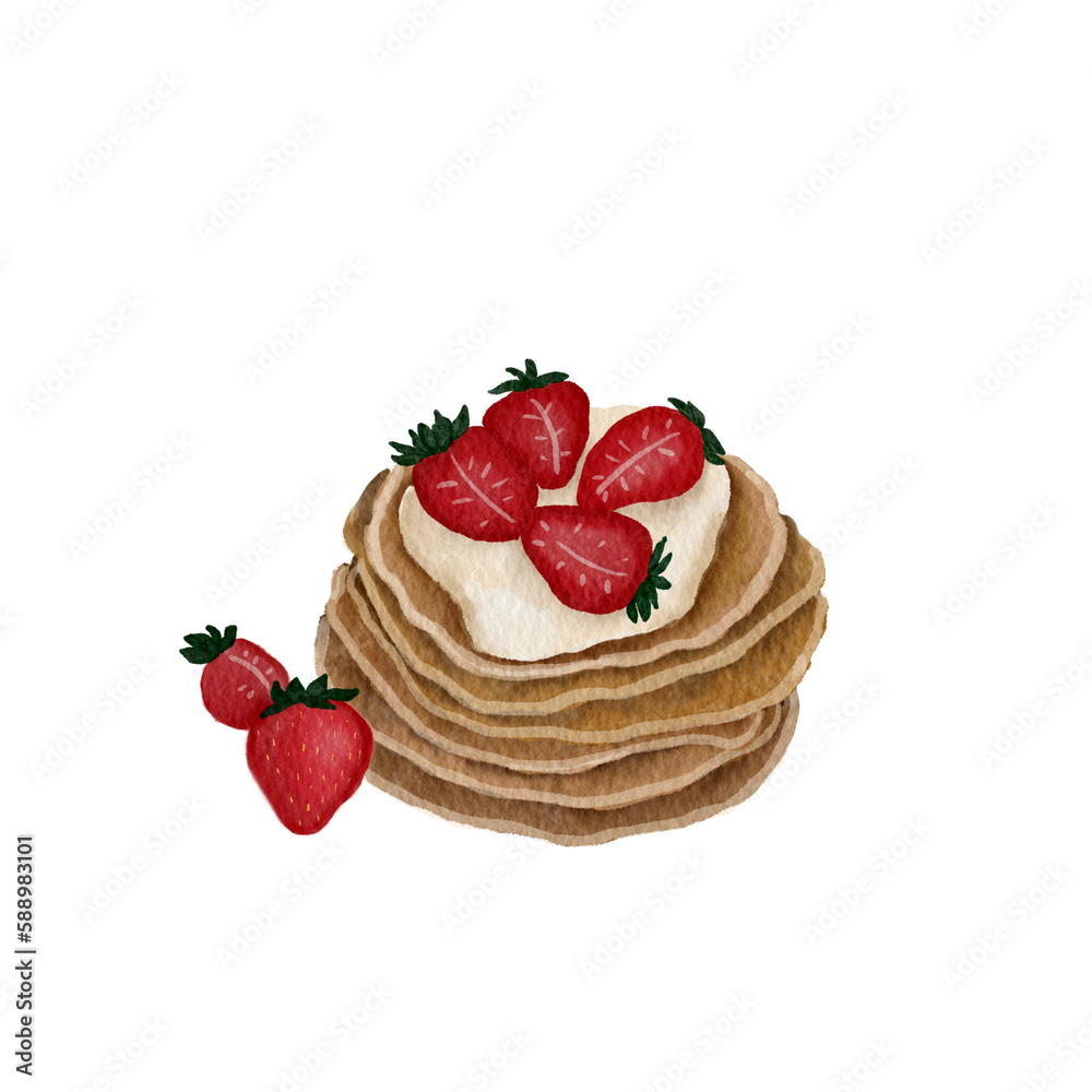 Handmade watercolor illustration of pancake with berries and cream on the white background. Colorful background for, wallpapers, gift wrapping paper, Design for kids.