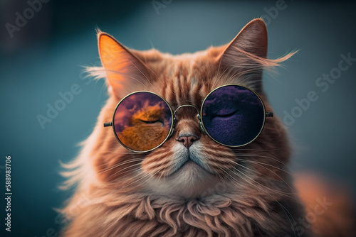 Cool ginger cat with sunglasses. Generative ai.