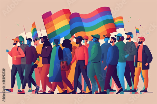 People group holding rainbow flag, lgbt pride festival concept. Generative ai.