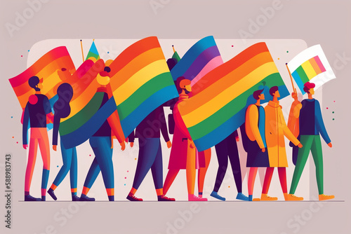 People group holding rainbow flag, lgbt pride festival concept. Generative ai. photo