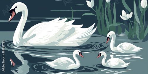 Fototapeta Naklejka Na Ścianę i Meble -  A pair of swans swim in a pond, with male in front and female behind with their cygnets in a line. Lily pads and water are in background. Generative AI.