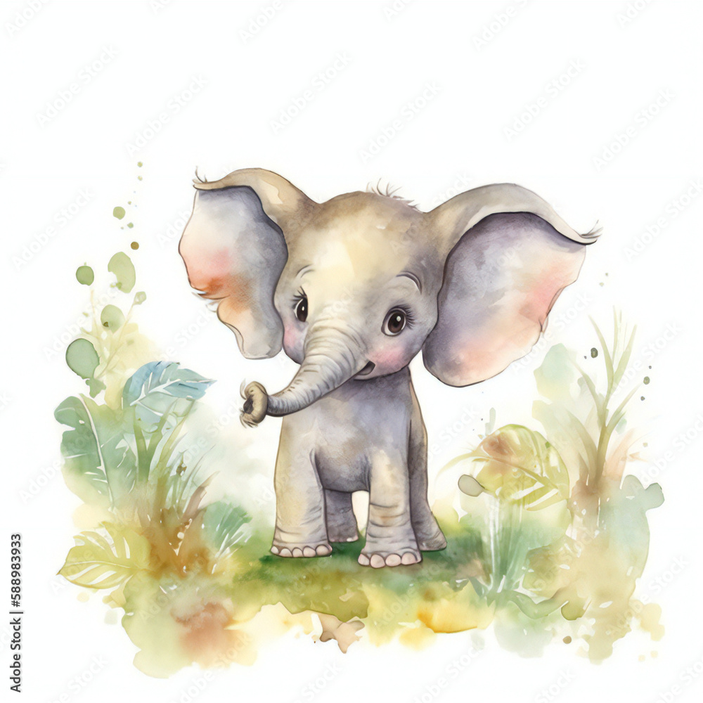 baby elephant in the forest watercolor paint created with Generative AI technology