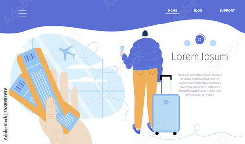The landing page for web site with hand holding tickets and man, passenger wait  boarding to  the airplane. He wants to go to the journey on plane.