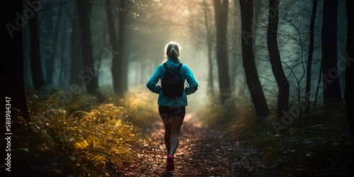 Morning Rush: Woman Trail Running through Sunlit Forest Trail. Generative AI