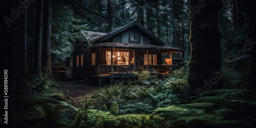 Foto Solitude in the Forest: Forest cabin in the dark woods at night