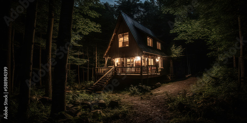 Solitude in the Forest: Forest cabin in the dark woods at night. Generative AI