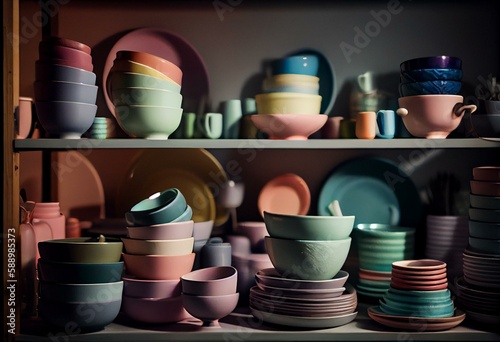 Store selling pastel color bowls, dishes, cups on tableware shop. Generative AI