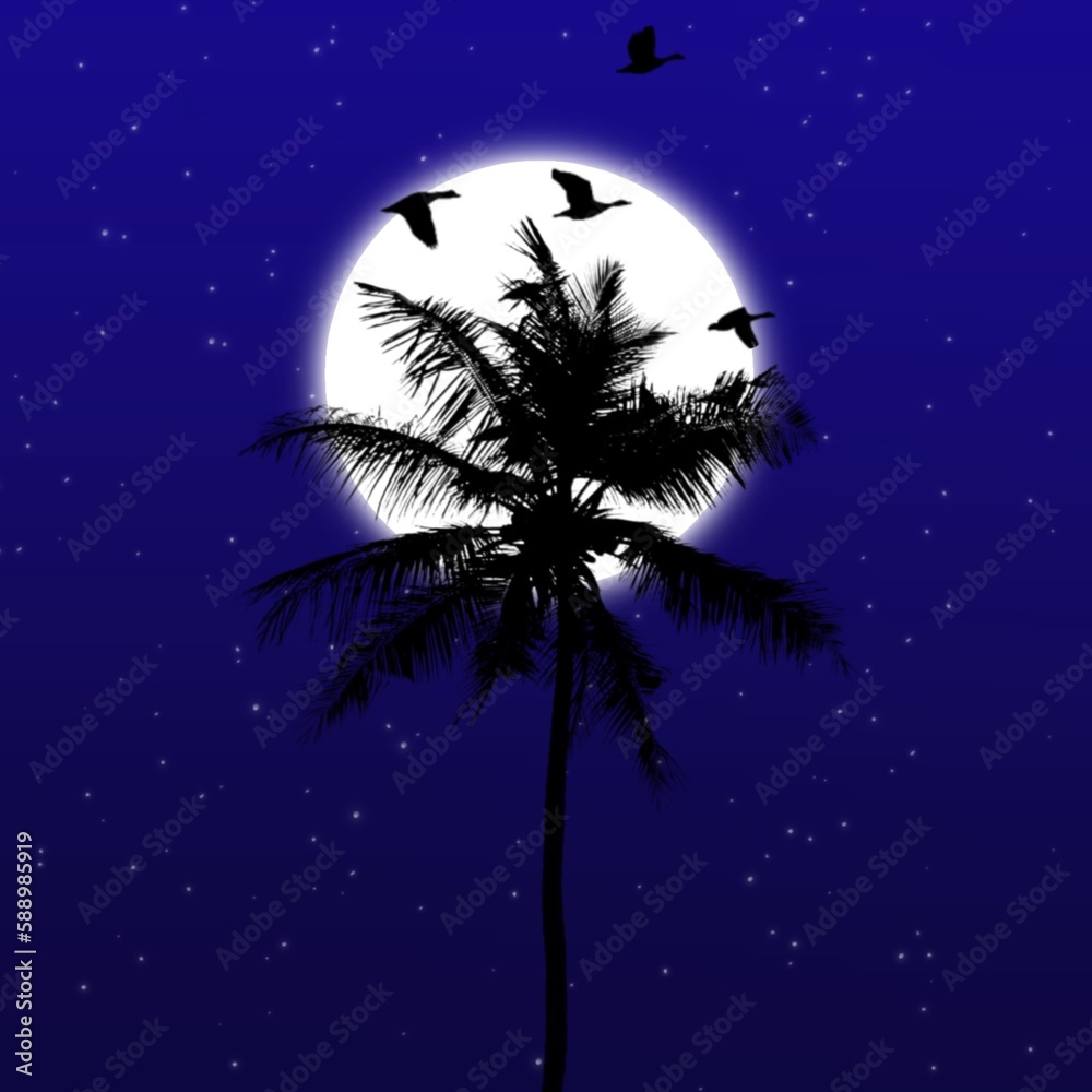 palm tree and moon at night sky with birds few and stars. Illustration and digital art.