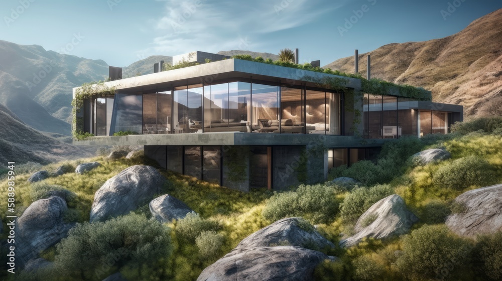 Green Living in a High-Tech Mountain Home with Breathtaking Views and Eco-Friendly Features like Living Walls and Green Roof, Generative AI