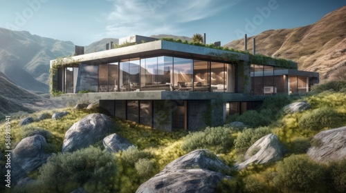 Green Living in a High-Tech Mountain Home with Breathtaking Views and Eco-Friendly Features like Living Walls and Green Roof, Generative AI