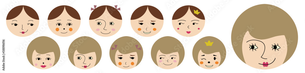 Feminine look, abstract personage, mascot design, funny face, cute icon. Feminine look, abstract personage, mascot design, funny face, cute icon.