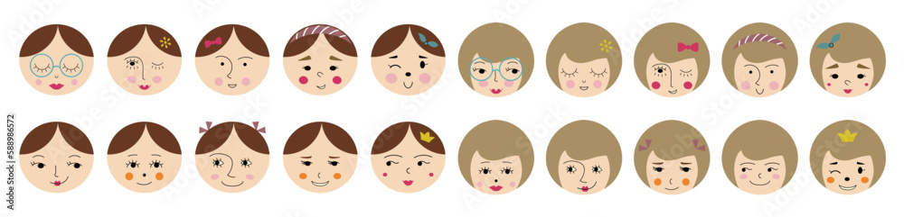 Feminine look, abstract personage, mascot design, funny face, cute icon. Feminine look, abstract personage, mascot design, funny face, cute icon.