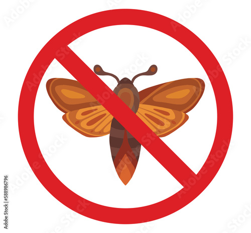 Vector prohibited badge with moth. Forbidden sticker butterfly clipart. Danger to be bite.