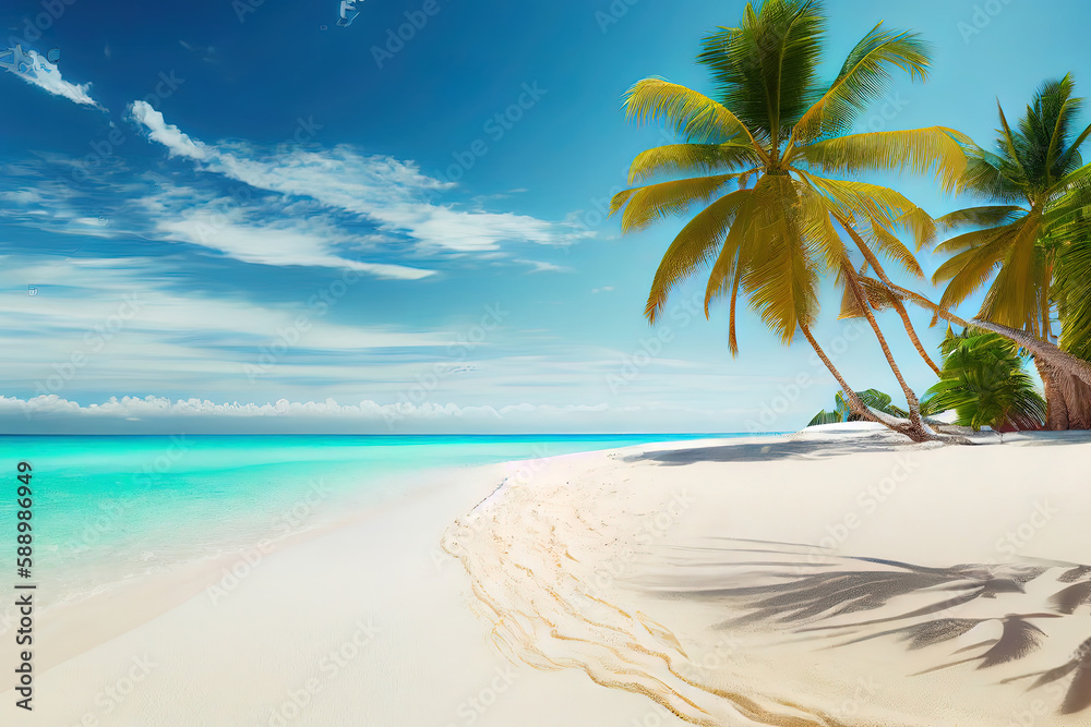 Attractive Beautiful tropical beach banner. White sand and coco palms travel tourism wide panorama background concept. Generative Ai