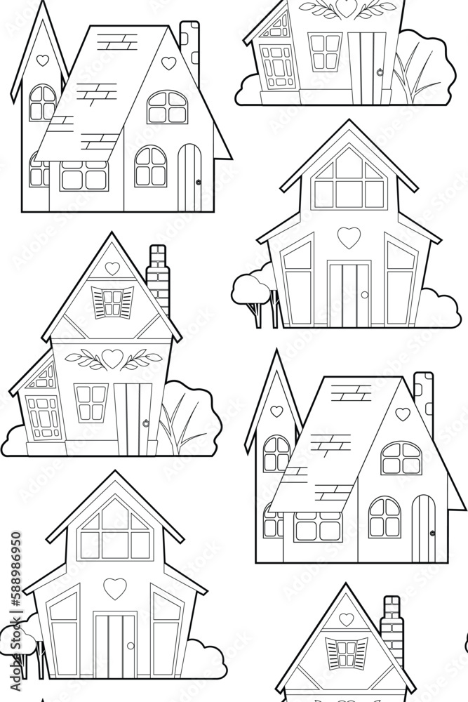 Vector seamless pattern with a contour country houses on white background. Monochrome texture with outline dollhouse with front view for fabric.