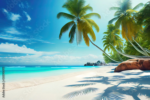 Attractive Beautiful tropical beach banner. White sand and coco palms travel tourism wide panorama background concept. Generative Ai