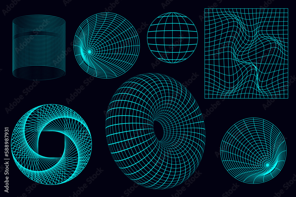 Geometric wireframe shapes and grids in neon color. 3D abstract ...
