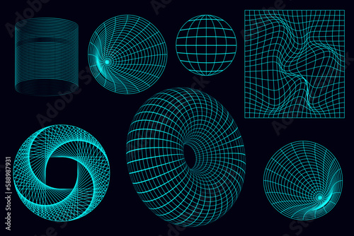 Geometric wireframe shapes and grids in neon color. 3D abstract backgrounds, patterns, cyberpunk elements in trendy psychedelic style. Y2k .