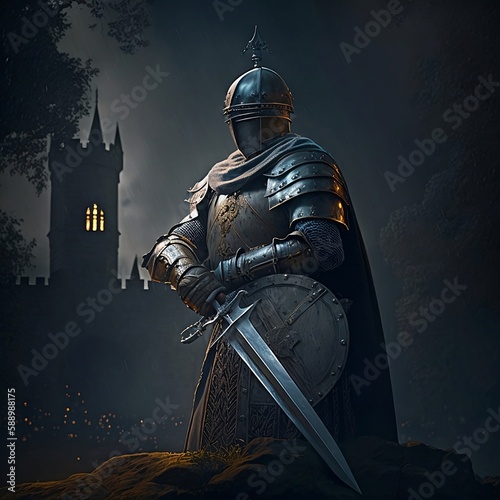 中世の騎士が剣をもってたたんでいるハイクオリティのイラストレーション