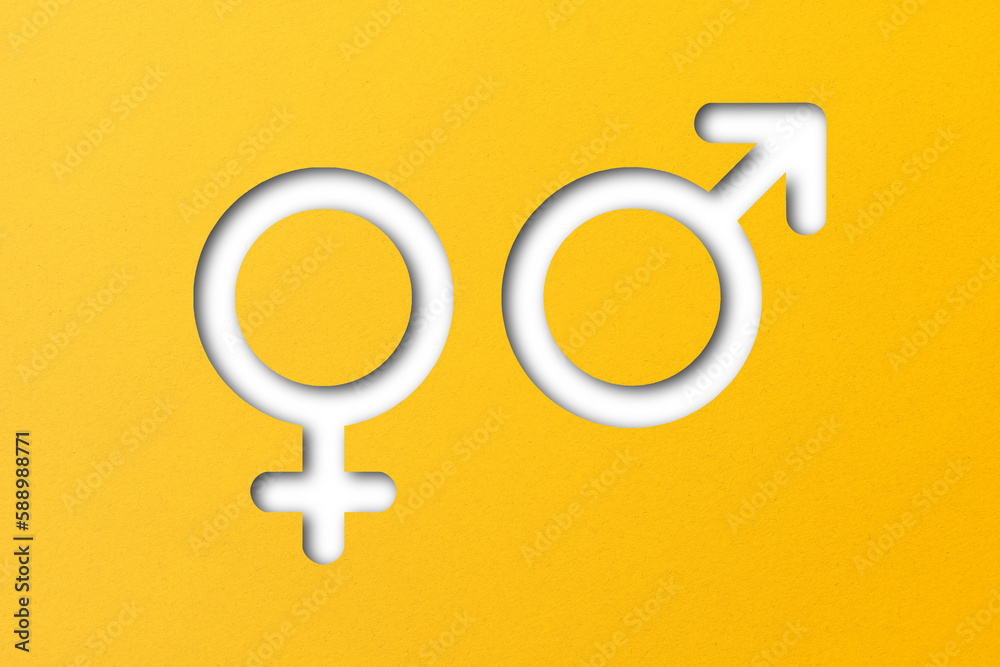 Yellow paper cut male and female symbols isolated on transparent ...
