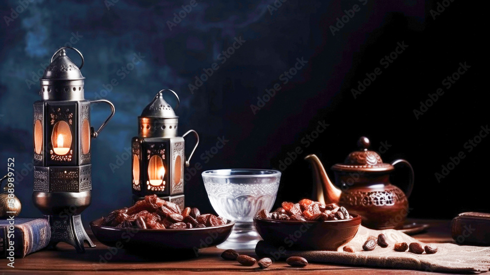 National treats, dates nuts on a metal dish, metal jug and glasses. Muslims and Islam, Ramadan Kareem, Mubarak, Eid-al-adha National treats, dates nuts on a metal dish, metal jug and glasses. Muslims and Islam, Ramadan Kareem, Mubarak, Eid-al-adha