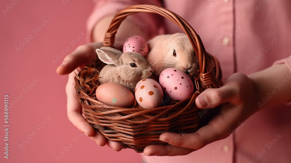 custom made wallpaper toronto digitaleaster eggs basket in the easter rabbits hand ,pink color background