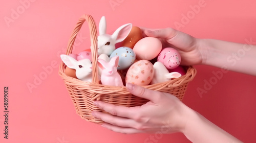 Wallpaper Mural easter eggs basket in the easter rabbits hand ,pink color background Torontodigital.ca